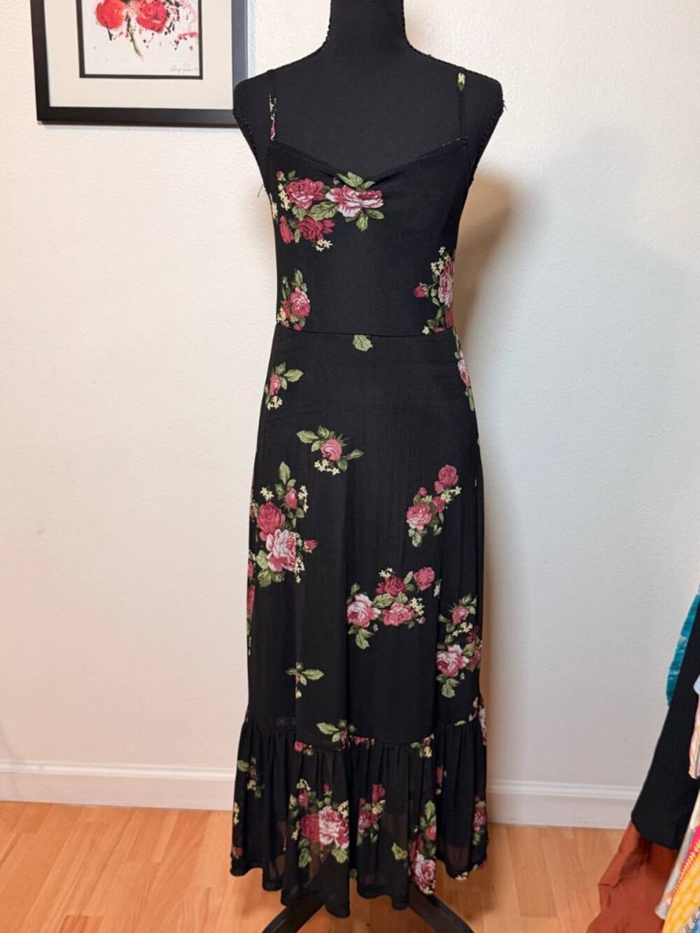 Dark Floral Maxi Dress Black Rose Print Cottagecore Grunge Vintage S